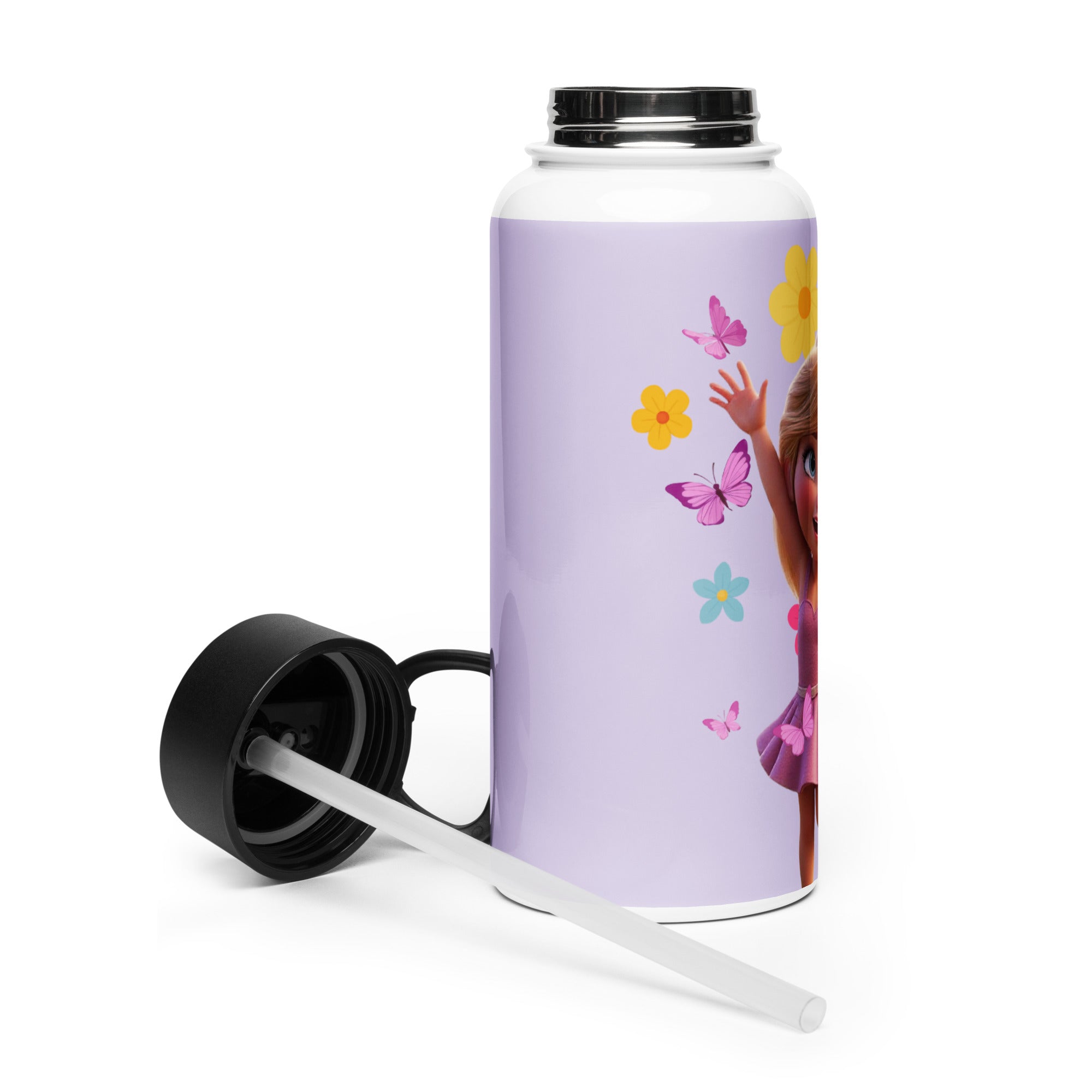 Stainless steel purple water bottle with straw lid, 32 oz, by Kingdom Kids Club, shown from the right side.