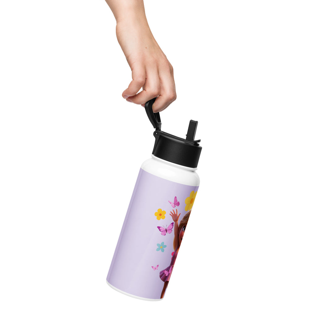 Stainless steel purple water bottle with straw lid, 32 oz, by Kingdom Kids Club, designed for kids' hydration needs.