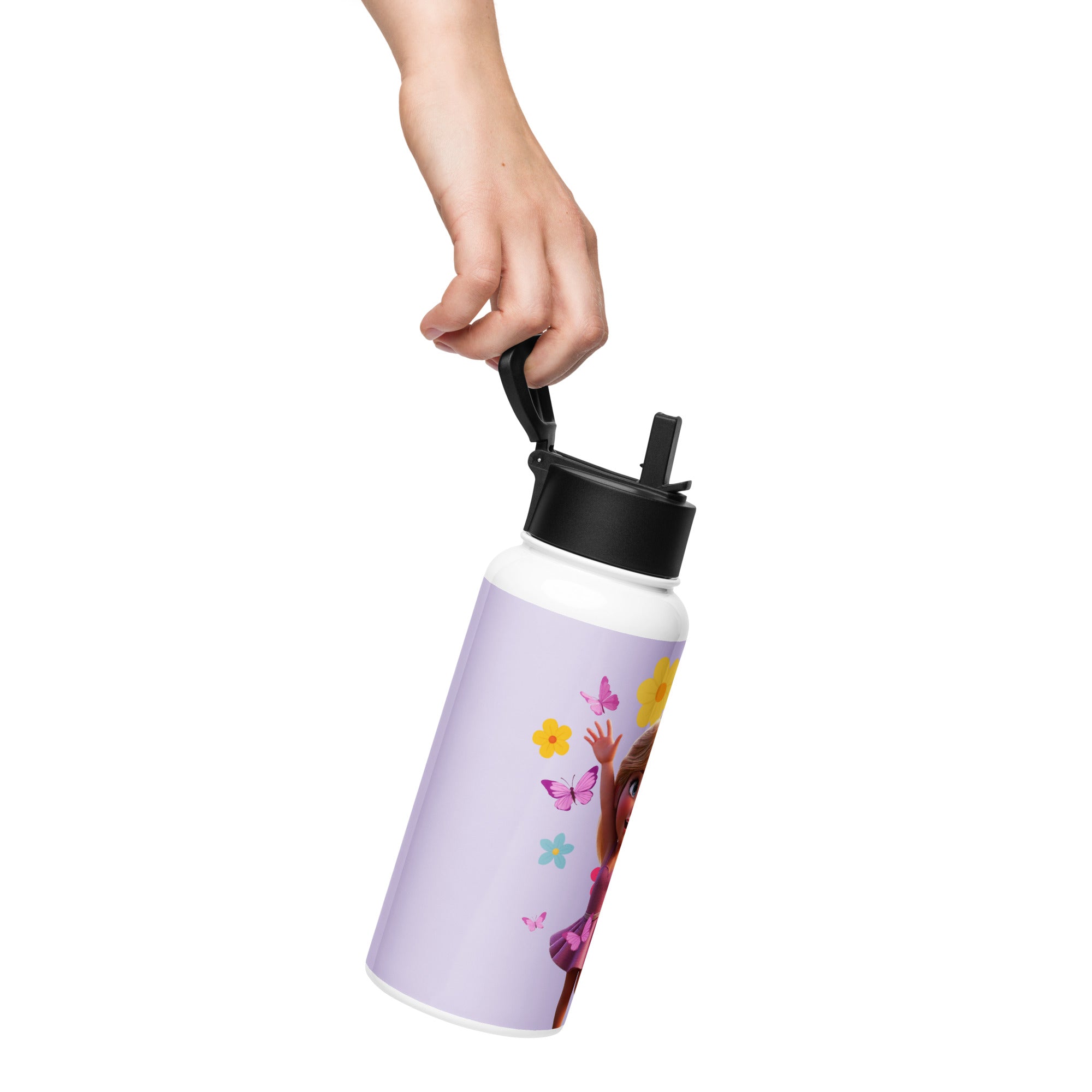 Stainless steel purple water bottle with straw lid, 32 oz, by Kingdom Kids Club, designed for kids' hydration needs.