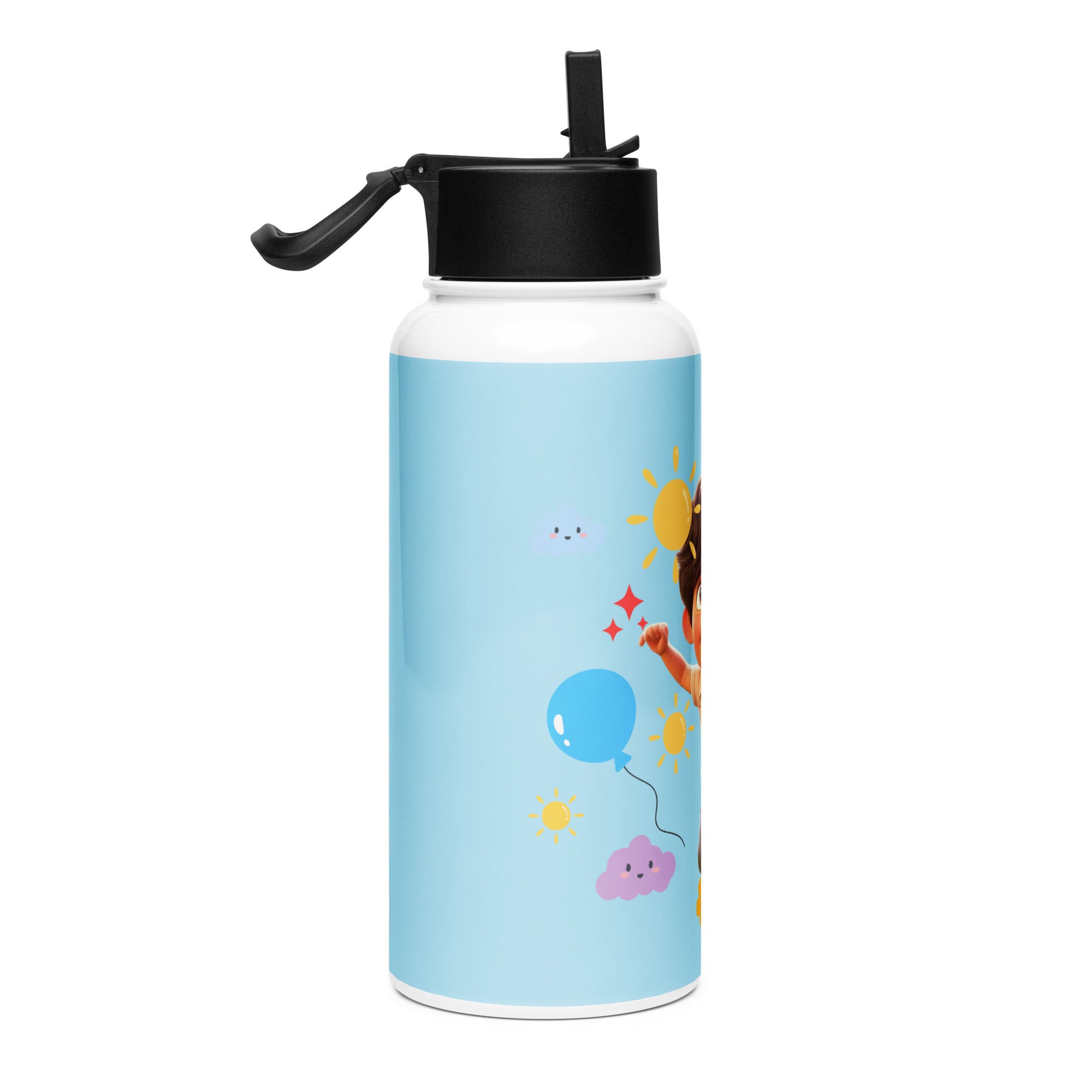 Kingdom Kids Club KKC blue stainless steel water bottle with straw lid, 32 oz, shown from the right side.