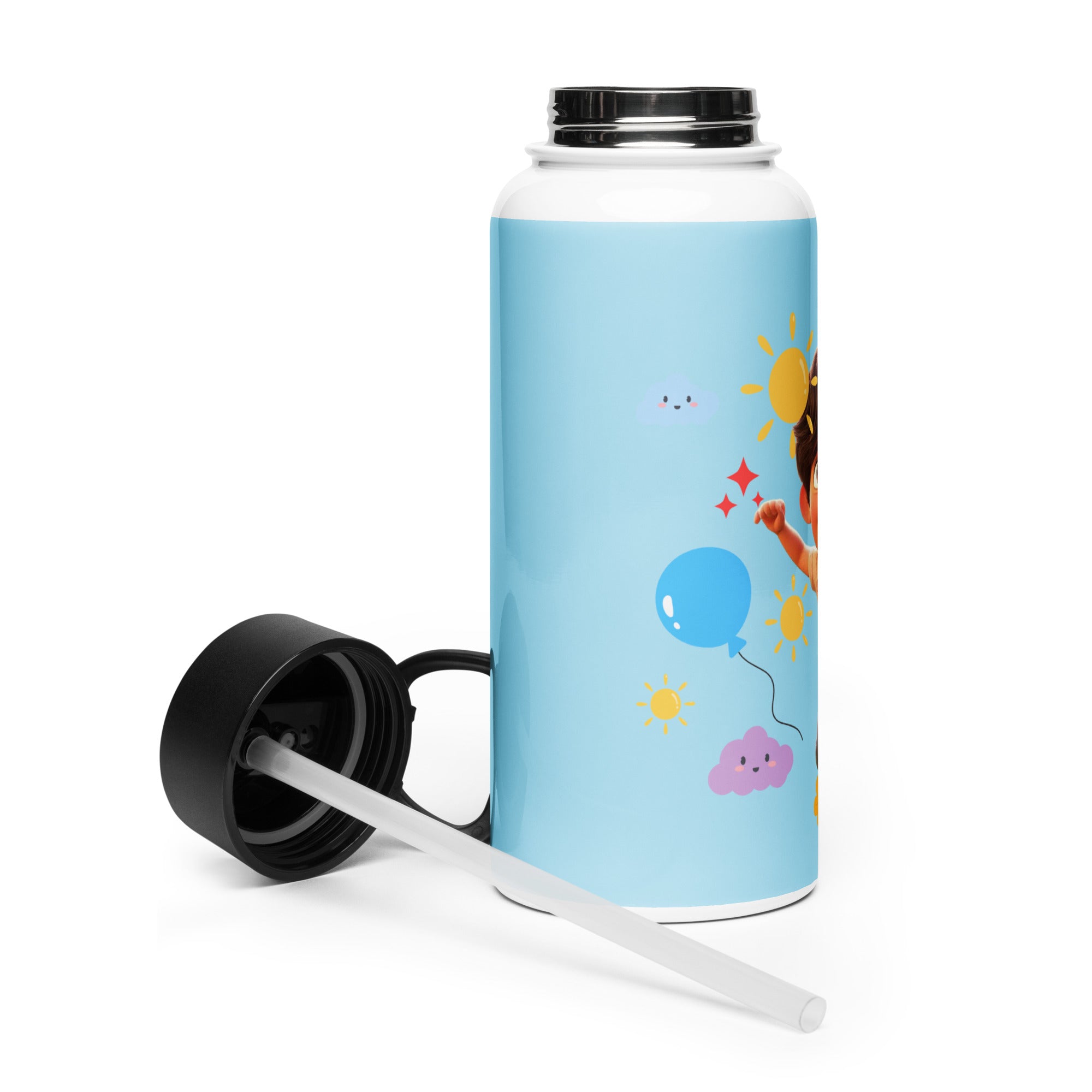 Kingdom Kids Club KKC blue stainless steel water bottle with straw lid, 32 oz, shown from the right side.