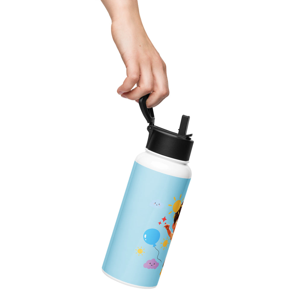 Kingdom Kids Club KKC blue stainless steel water bottle with straw lid, 32 oz, designed for kids, white color, right side view