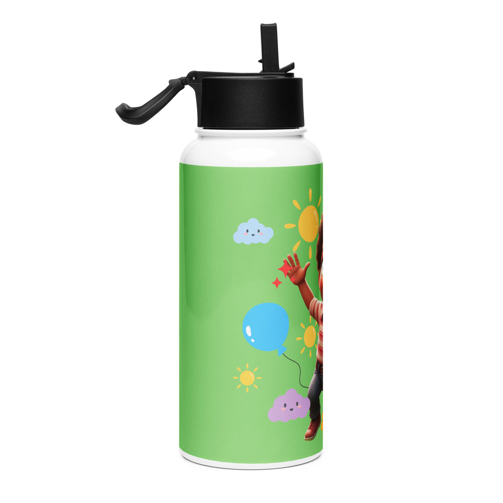 Kingdom Kids Club KKC green stainless steel water bottle with straw lid, 32 oz, shown from the right side.