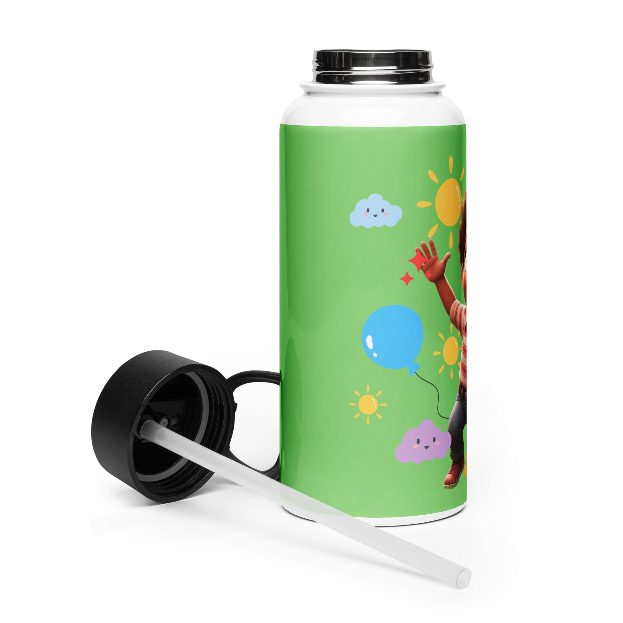 Kingdom Kids Club KKC green stainless steel water bottle with straw lid, 32 oz, shown from the right side.