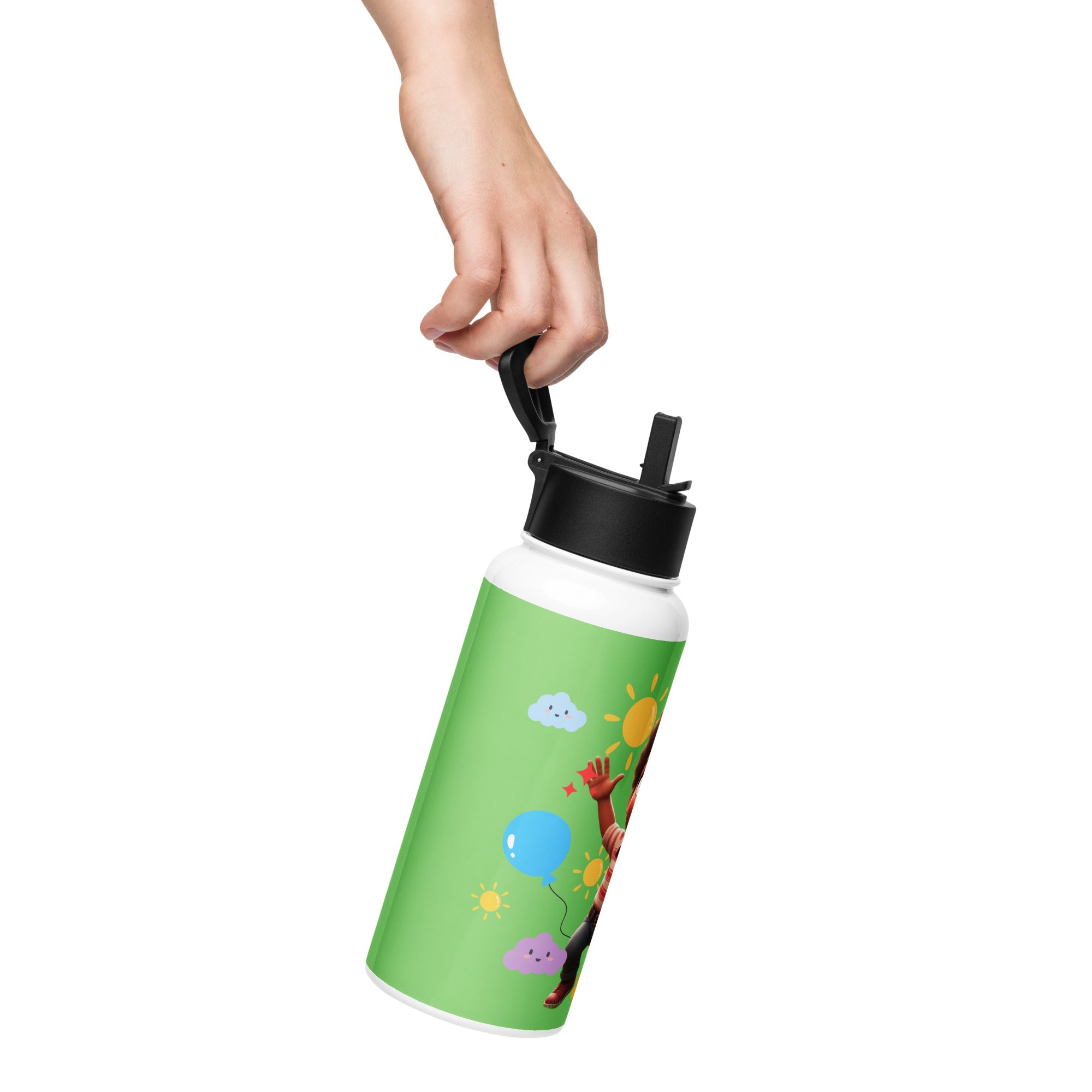 Kingdom Kids Club KKC green stainless steel water bottle with straw lid, 32 oz, white, designed for kids' hydration.
